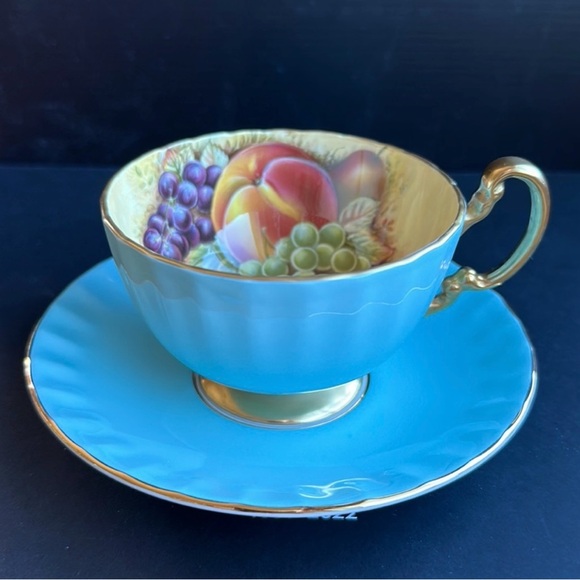 Aynsley England Turquoise Orchard Fruit Gold Trim Tea Cup and Saucer Set EUC - Picture 1 of 11